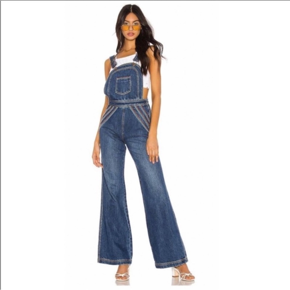 Free People Blue Denim Wide-Leg Overalls Jumpsuit